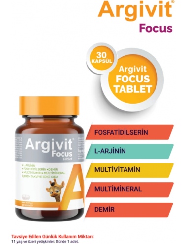Argivit Focus L-Arjinin, Fosfotidilserin, Demir, Multivitamin ve Multimineral İçeren Tablet 30 Tablet
