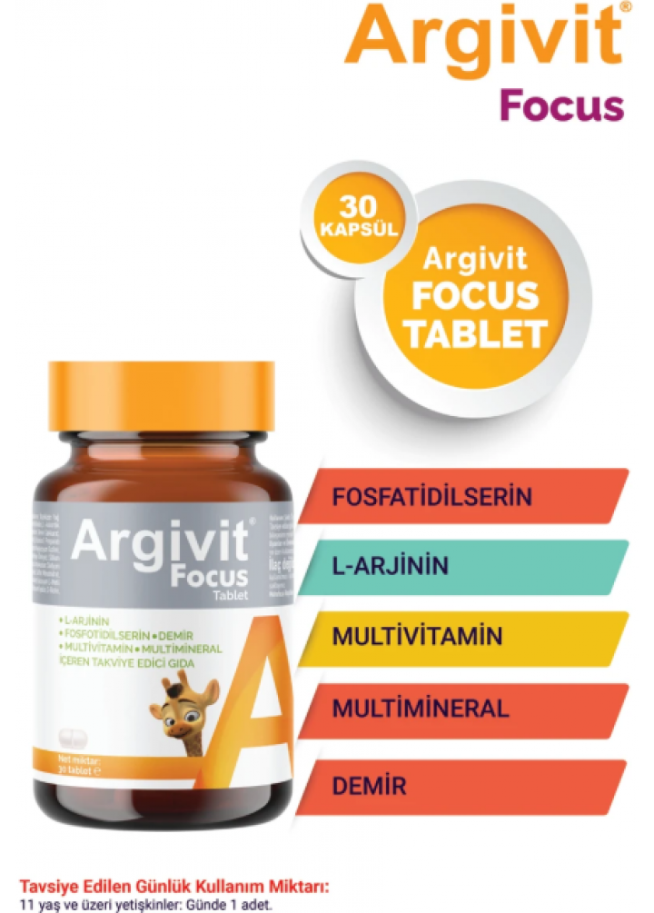 Argivit Focus L-Arjinin, Fosfotidilserin, Demir, Multivitamin ve Multimineral İçeren Tablet 30 Tablet
