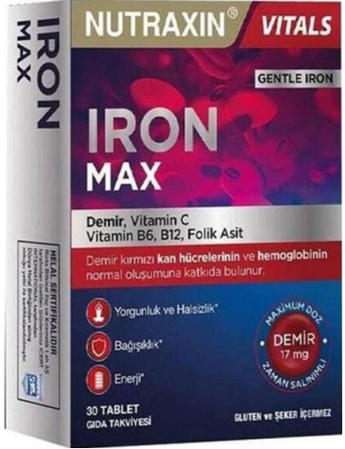 Nutraxin Iron Max 17 Mg 30 Tablet Demir, Vitamin C, Vitamin B6, B12, Folik Asit İçeren Takviye Edici Gıda.