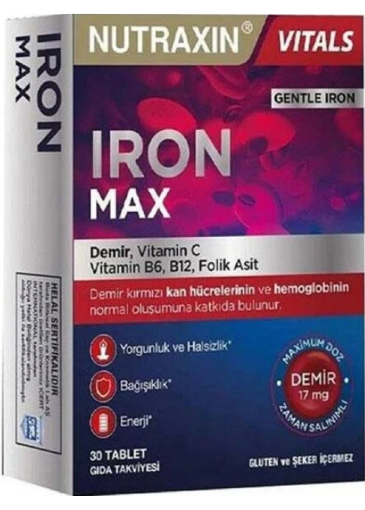 Nutraxin Iron Max 17 Mg 30 Tablet Demir, Vitamin C, Vitamin B6, B12, Folik Asit İçeren Takviye Edici Gıda.